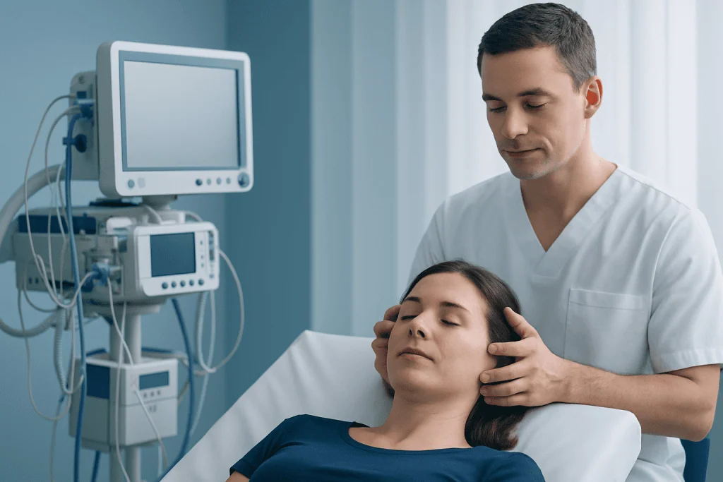 Doctor performing head massage in a medical setting at Acibadem Hospitals.