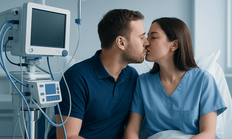 Couple sharing a kiss in a hospital room with medical equipment nearby.