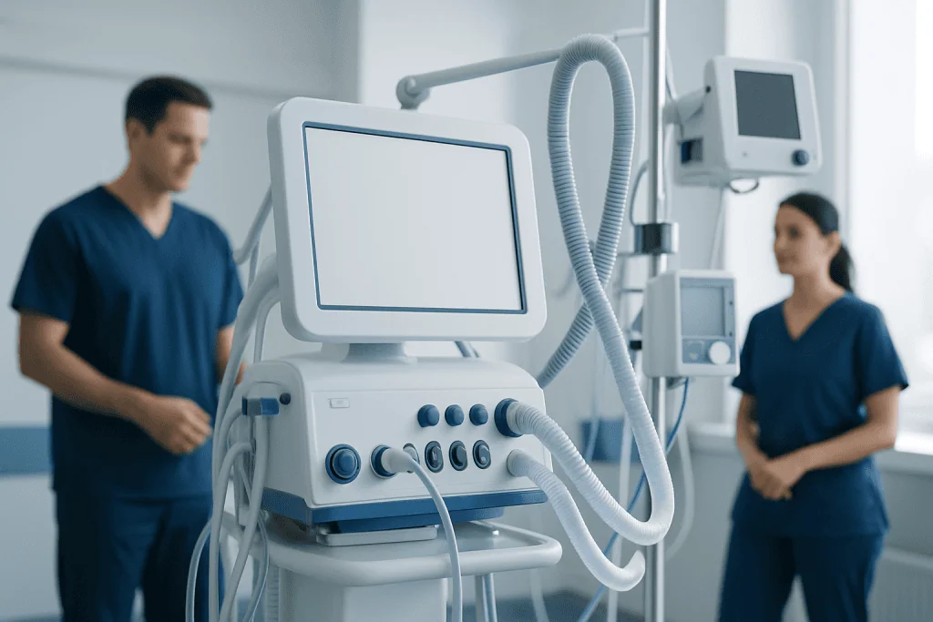 Medical ventilator machine in a hospital setting with healthcare professionals.