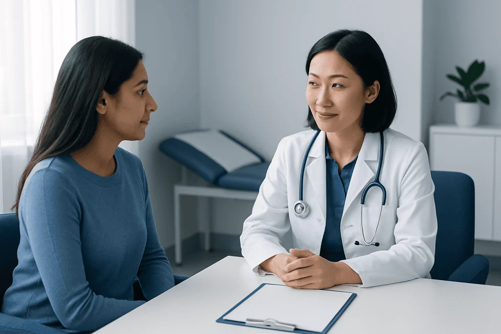 Doctor consulting a patient in a modern clinic setting.