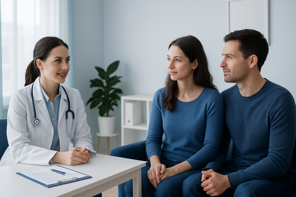 Doctor consulting with a couple in a medical office setting.