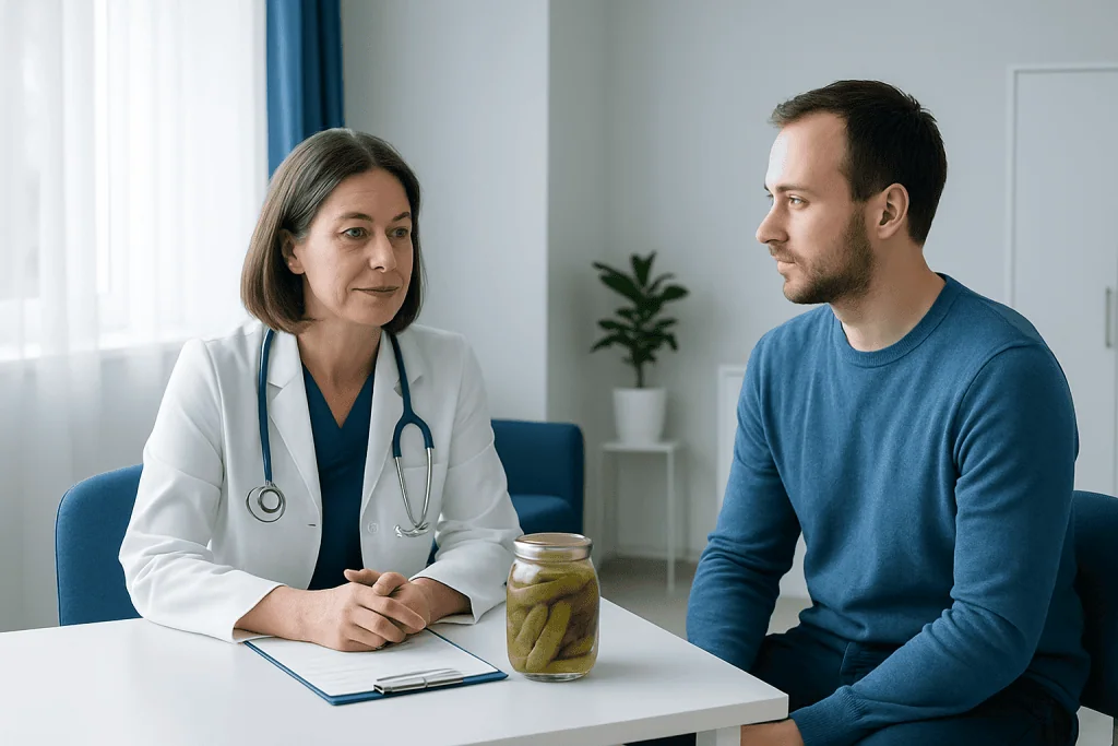 Doctor discussing with patient about pickle juice health benefits in a clinic.