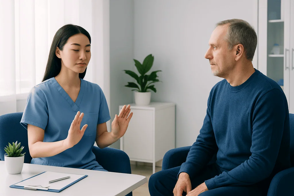 Medical consultation between a nurse and a patient in a clinical setting.