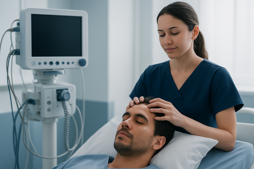 Healthcare professional performing scalp massage on patient in medical setting.