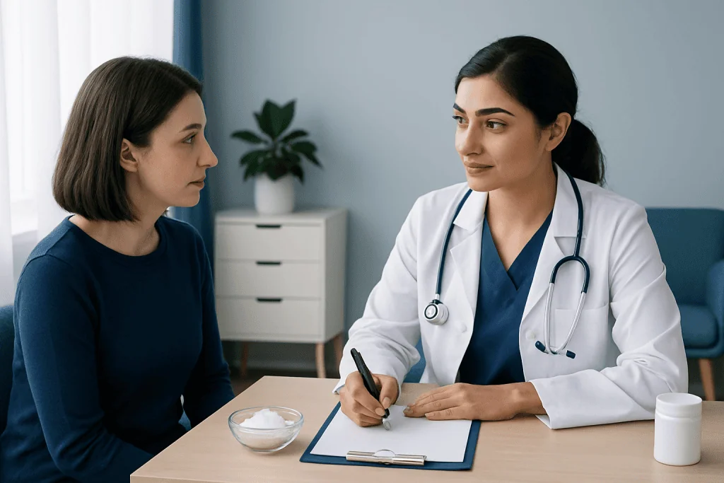 Doctor consulting with a patient in a medical office setting.