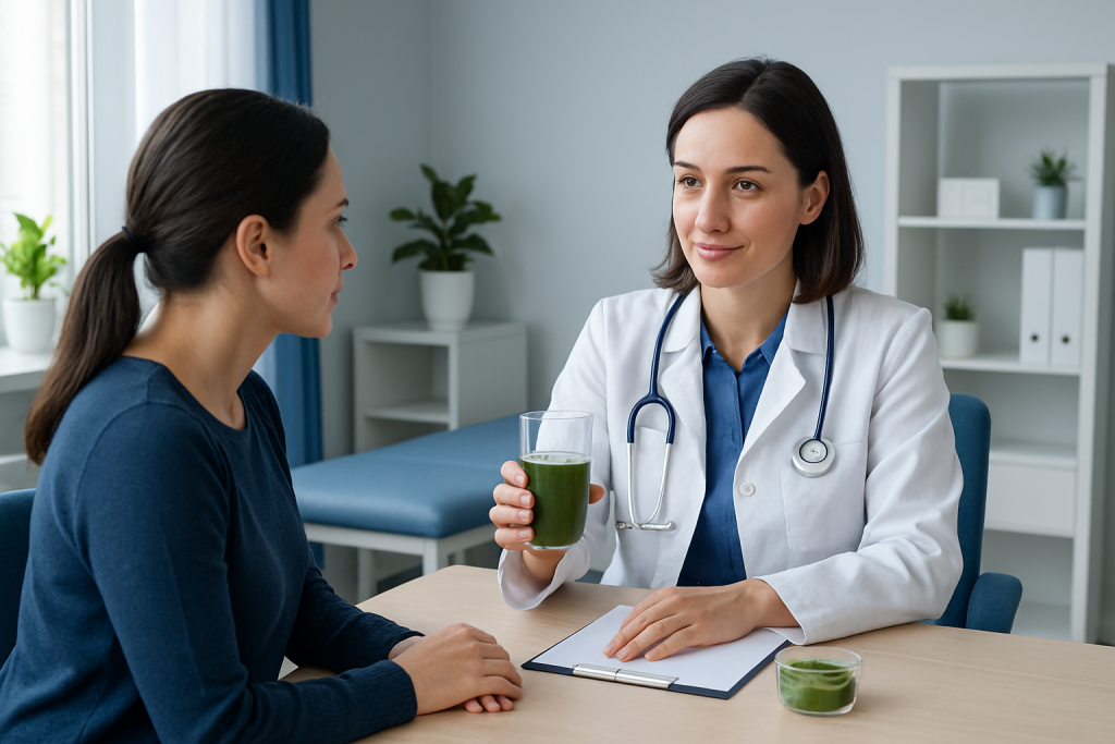 Doctor consulting with patient about health in a medical office.