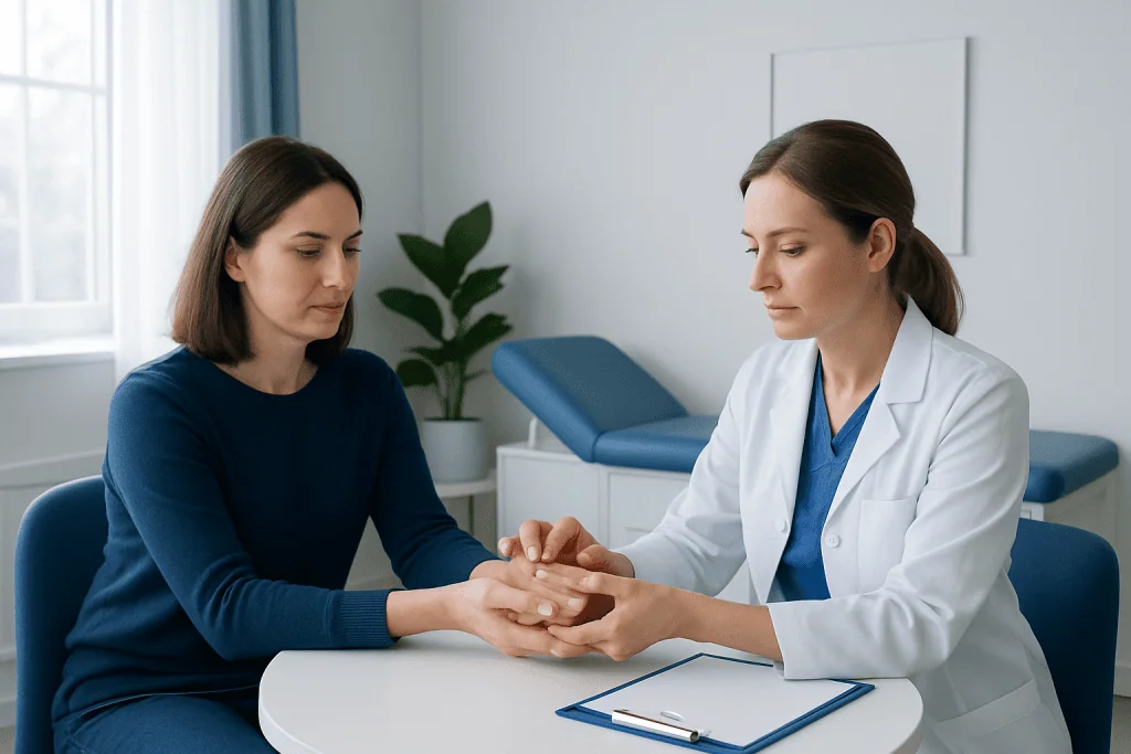 Doctor performing hand reflexology on patient in clinical setting.