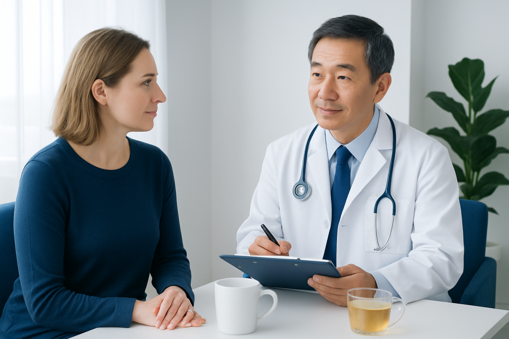 Doctor consulting with a female patient in a modern clinic setting.