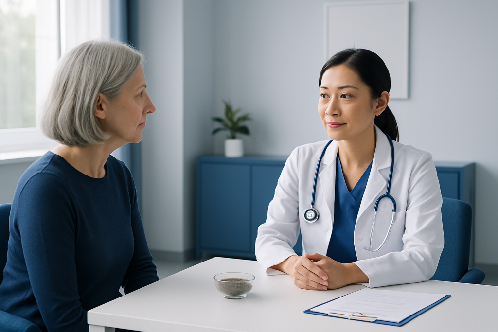 Doctor consulting with an elderly woman in a medical office.