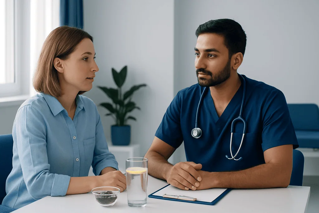 Doctor consulting with a female patient in a medical office.