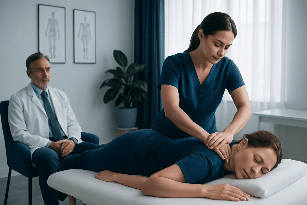 Therapist performing deep tissue massage on patient in clinic setting.
