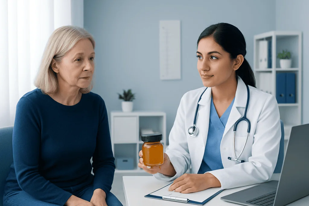 Doctor explaining Manuka honey benefits to patient in clinic setting.