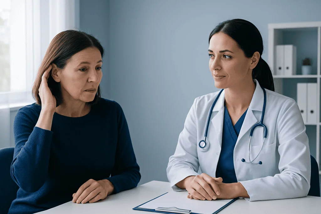 Doctor consulting with a middle-aged woman in a medical office.