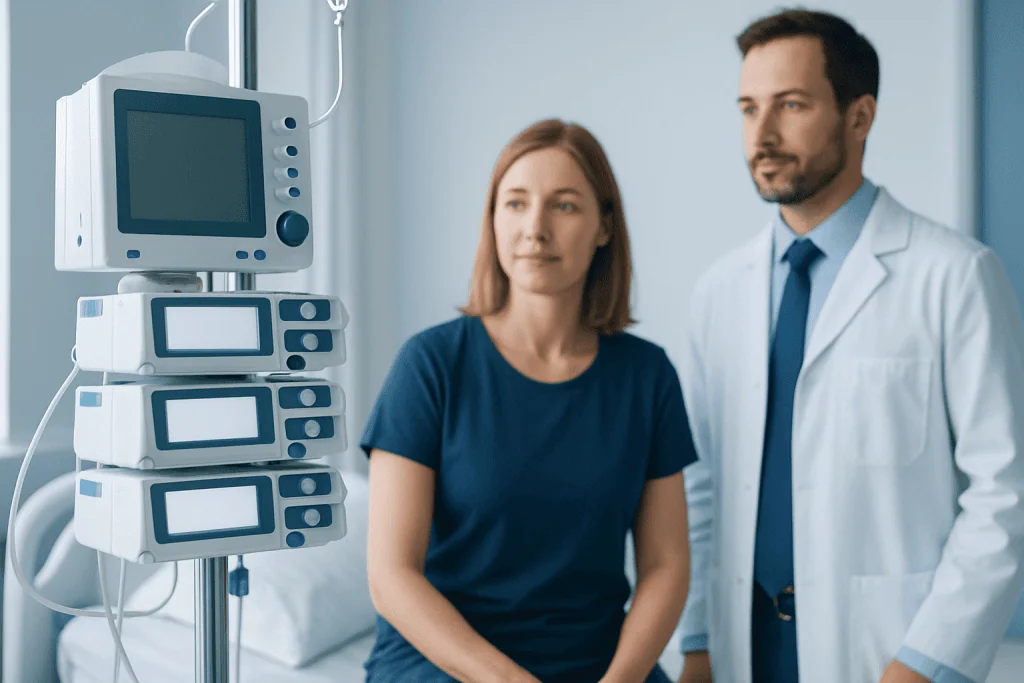 Patient in hospital bed with medical monitors and doctor in hospital room.