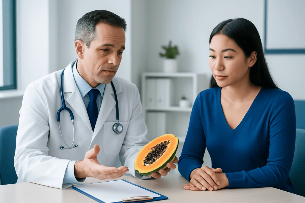 Doctor explaining papaya benefits to a patient in a medical consultation.