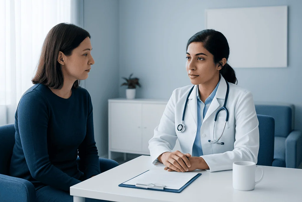 Doctor consulting with a patient in a medical office setting.
