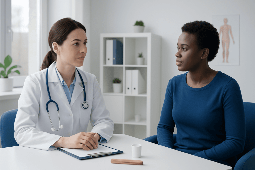 Doctor consulting with a patient in a medical office setting.