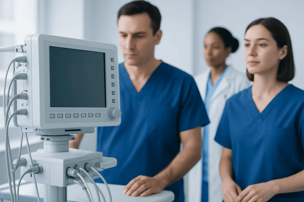 Medical team monitoring patient with vital signs in hospital.
