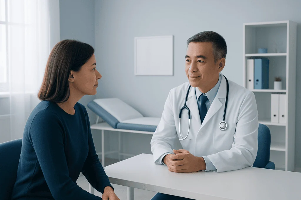 Doctor consulting with a female patient in a modern medical office.