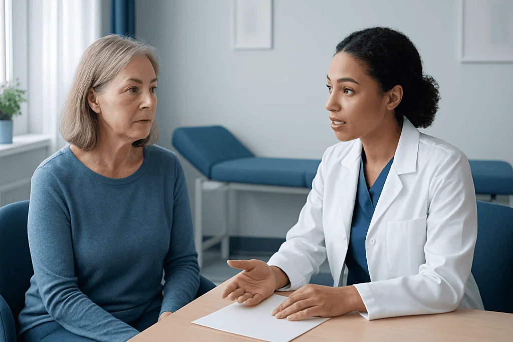 Doctor consulting with an elderly female patient in a medical office.