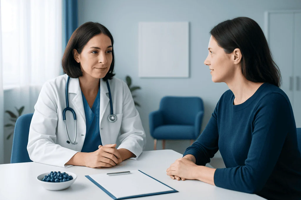 Doctor consulting with patient in a medical office setting.