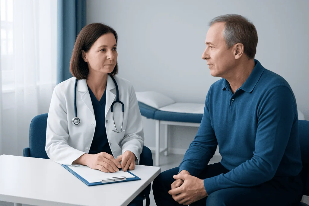 Doctor consulting with male patient in a medical office.