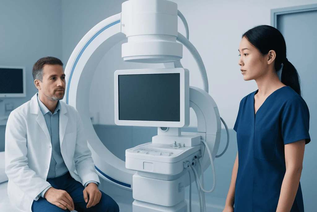 Medical professionals using advanced imaging equipment in a hospital setting.