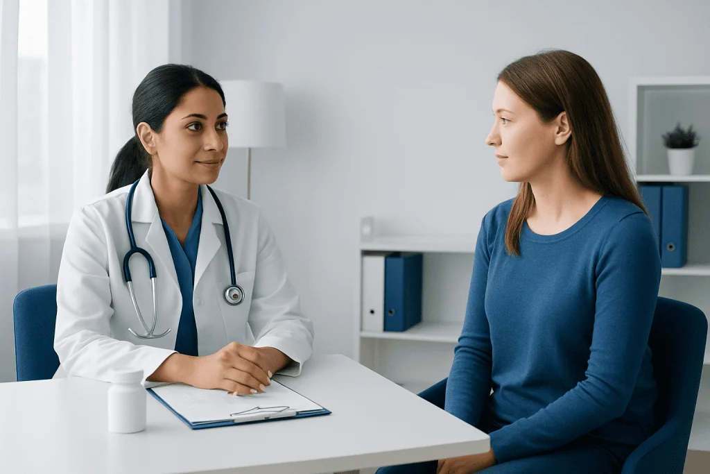 Doctor consulting with a patient in a modern medical office.