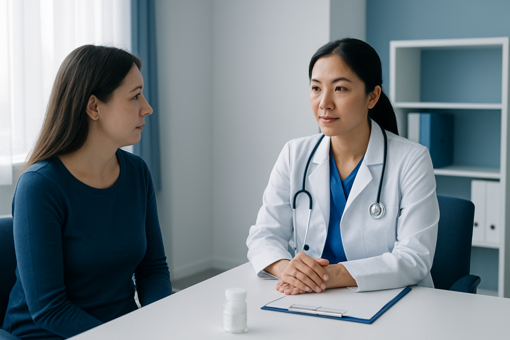 Doctor consulting with a patient in a modern medical office.
