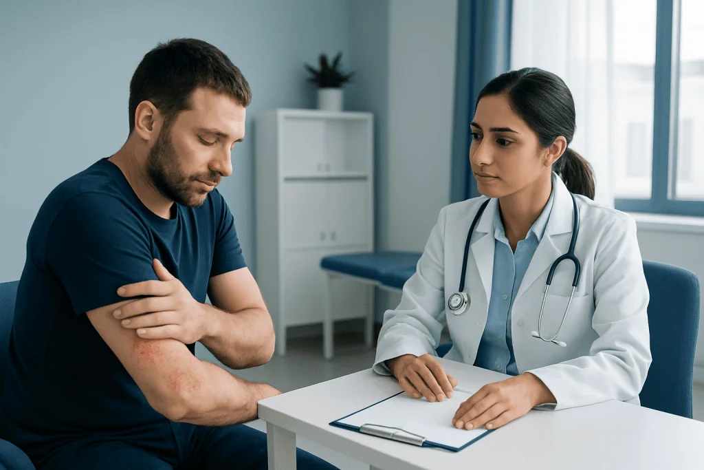 Doctor examining patient's arm for skin rash or allergy symptoms.