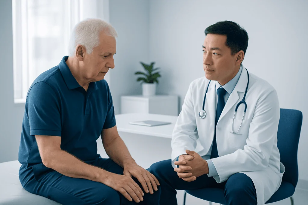 Doctor consulting with elderly male patient in a medical office.