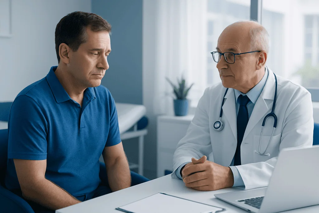 Doctor consulting with male patient in a medical office setting.