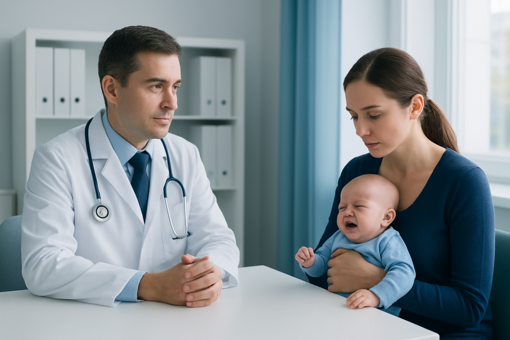 Pediatric consultation at Acibadem Hospital with doctor and mother with crying baby.