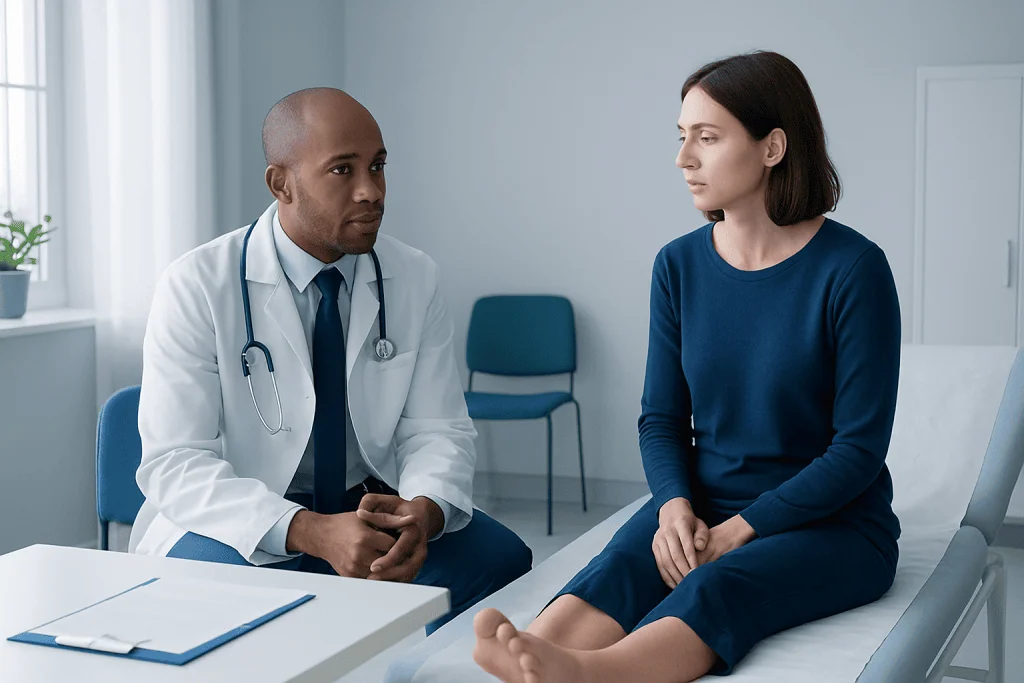 Doctor consulting with a female patient in a medical office.