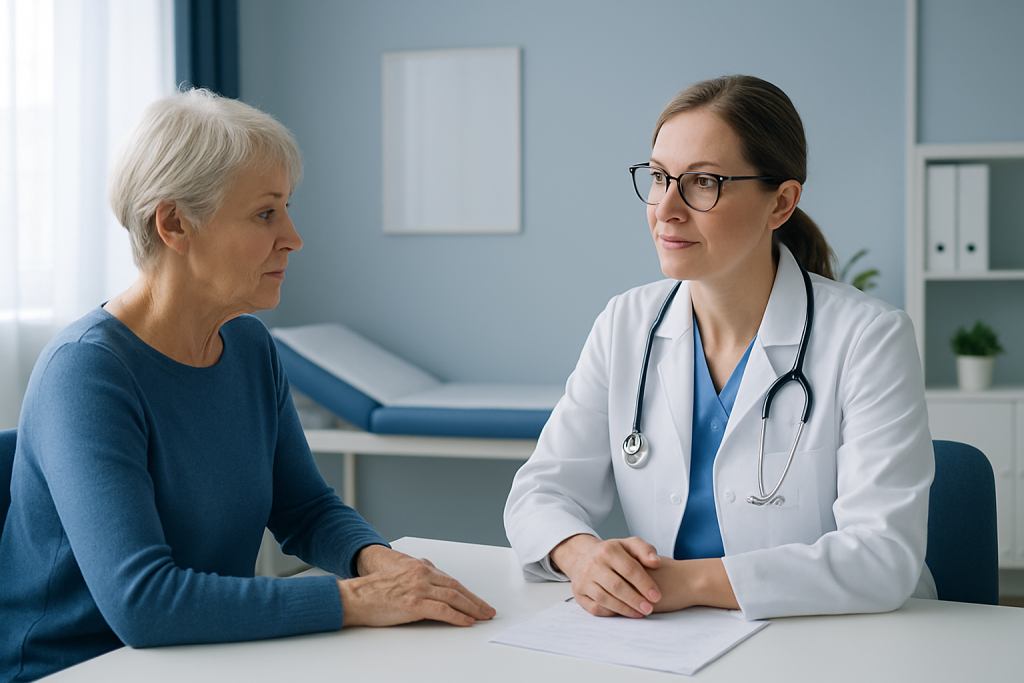 Doctor consulting with an elderly female patient in a medical office.