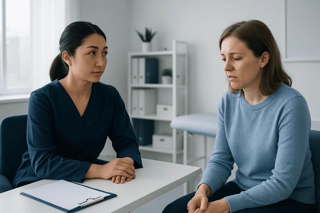 Doctor consulting a patient about unexplained symptoms in a medical office.