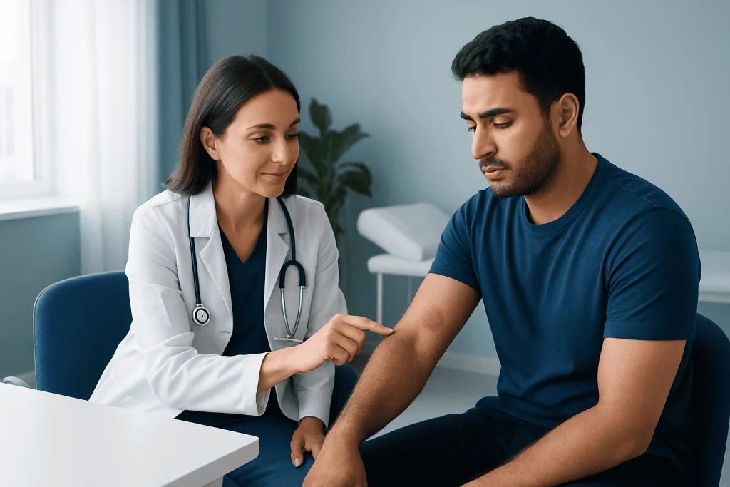Doctor examining a patient's arm for skin rash or infection.