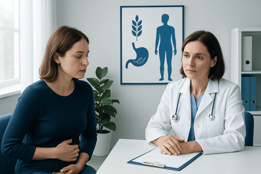 Doctor consulting patient about digestive health and gluten intolerance symptoms.