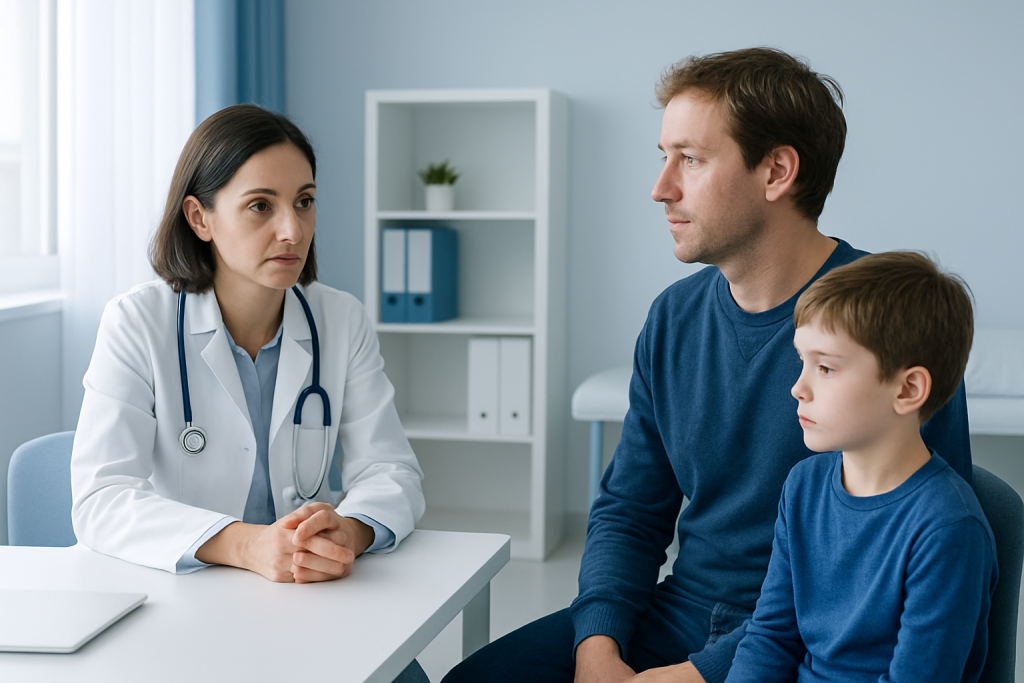 Doctor consulting with a father and son in a medical office.