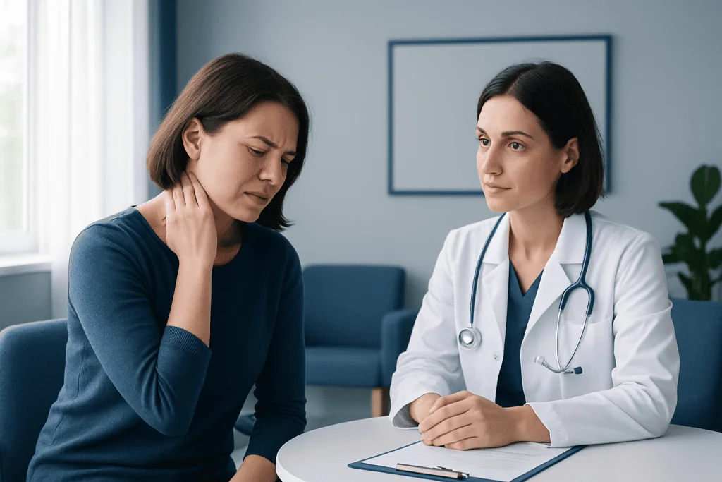 Doctor consulting with a woman experiencing neck pain in a medical office.