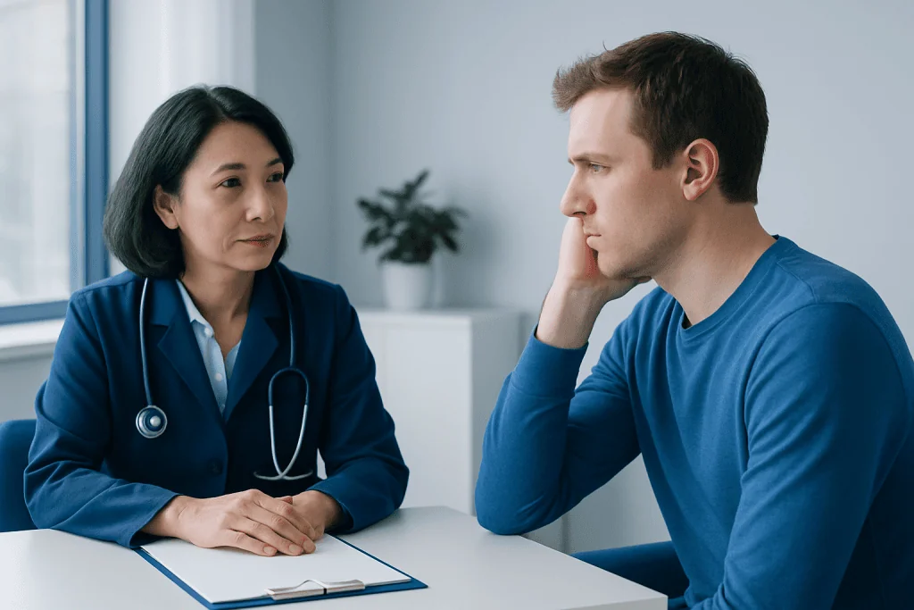 Doctor consulting with a patient about ear health and symptoms.