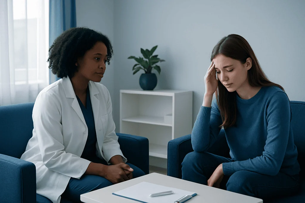 Woman in blue distressed during therapy session with doctor.