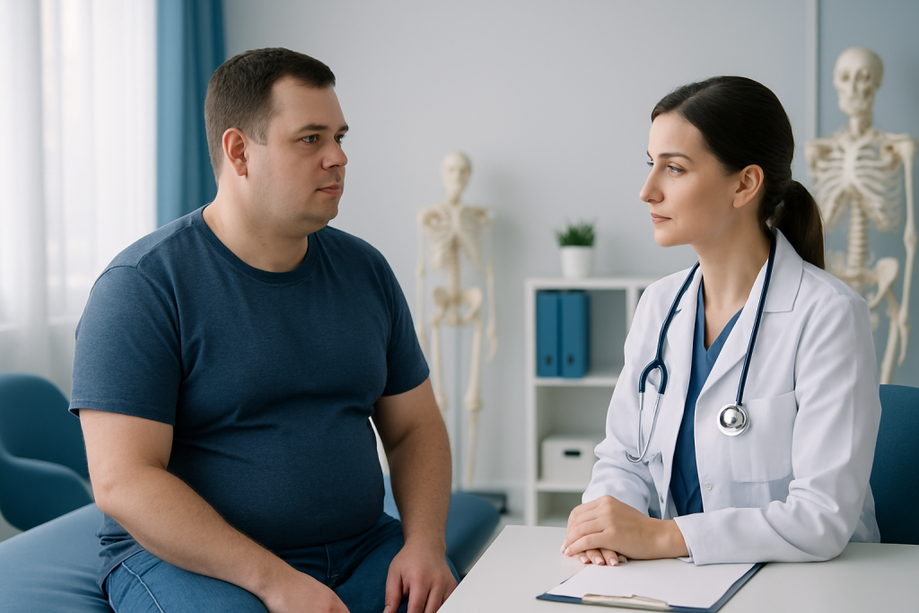 Doctor consulting with patient about wide rib cage health concerns.