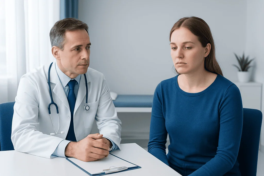 Doctor consulting with a young woman patient in a medical office.