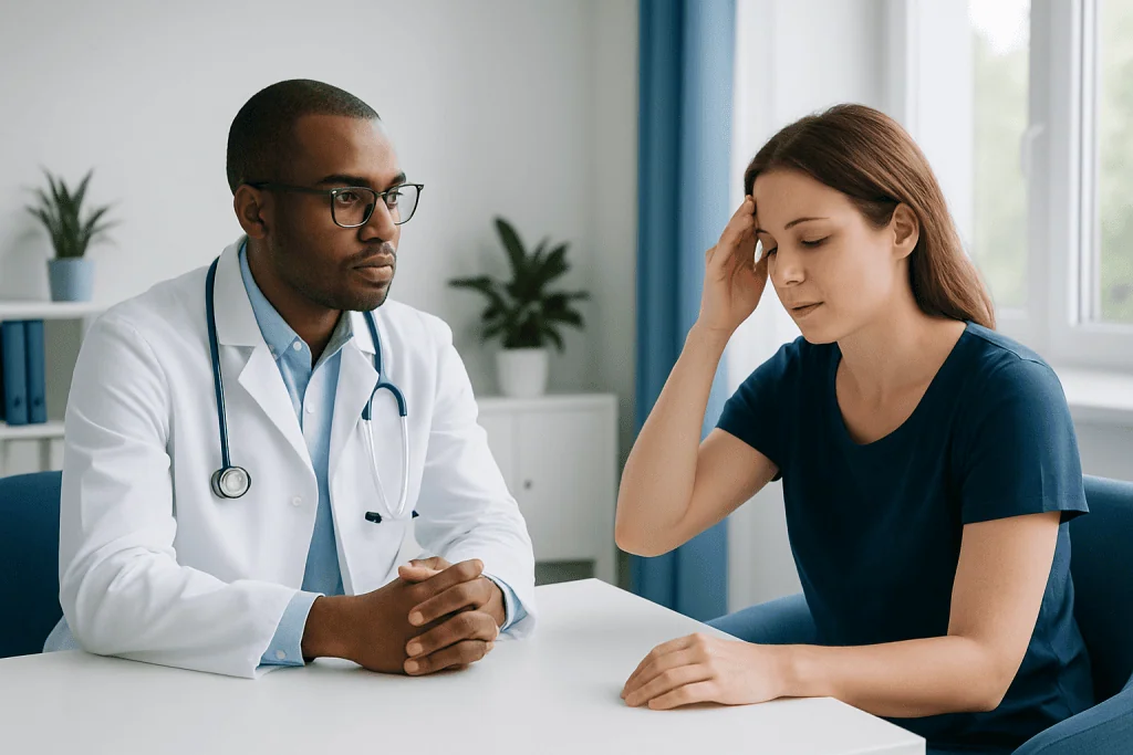 Doctor consulting with a young woman experiencing headache or stress symptoms.
