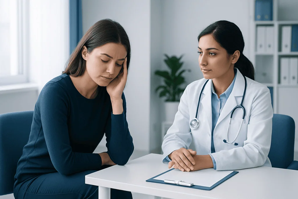 Woman consulting with doctor about health concerns in a medical office.