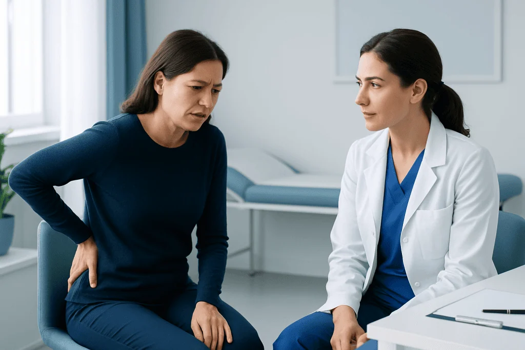 Doctor consulting with a patient about tailbone pain in a clinical setting.