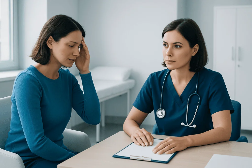Patient experiencing dizziness consulting with a healthcare professional.