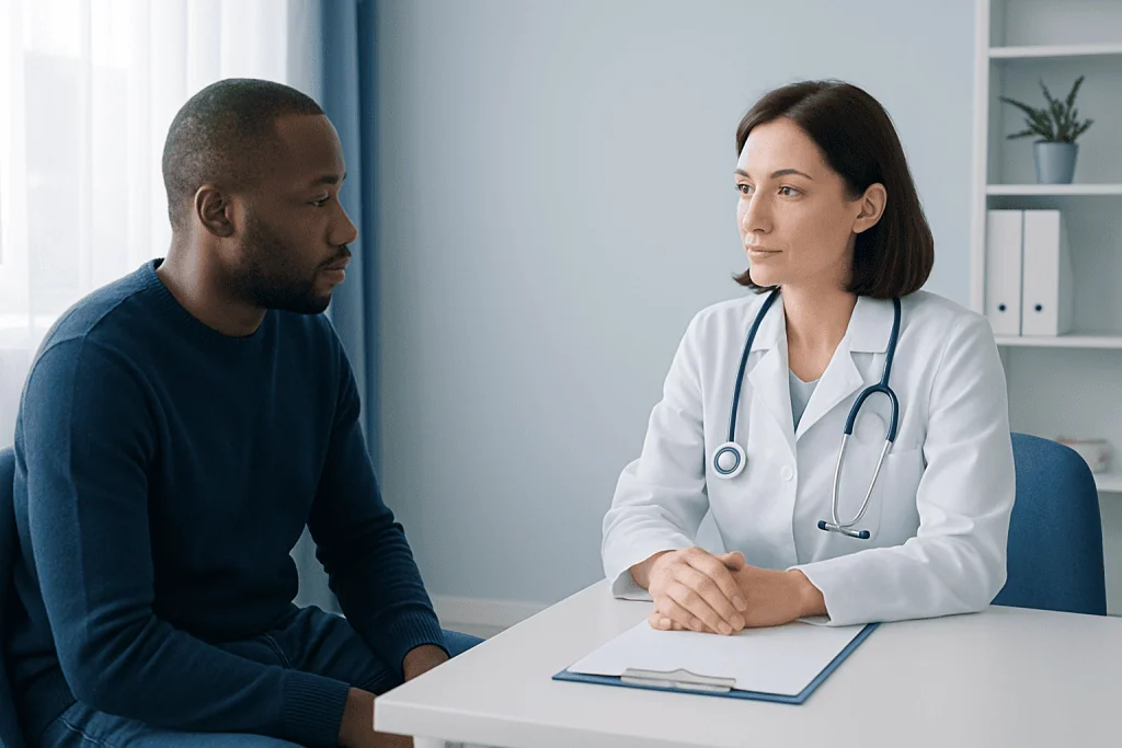 Doctor consulting with a patient in a medical office setting.
