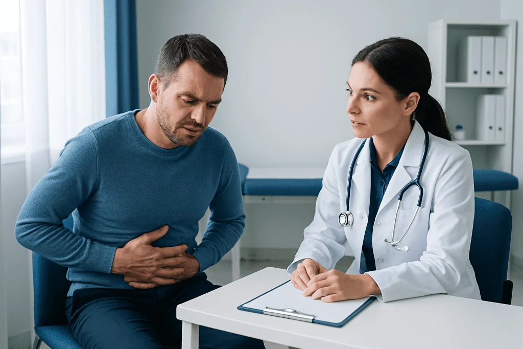 Doctor examines patient with stomach pain in a clinical setting.